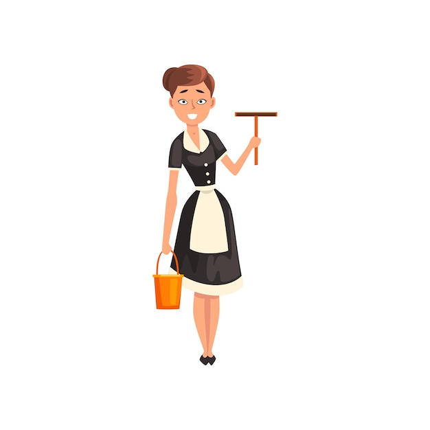 Vector smiling maid holding a squeegee and a bucket housemaid character wearing classic uniform with black dress and white apron cleaning service vector illustration isolated on a white background