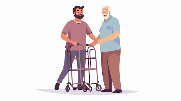 Vector smiling male caregiver assisting senior man with daily activities