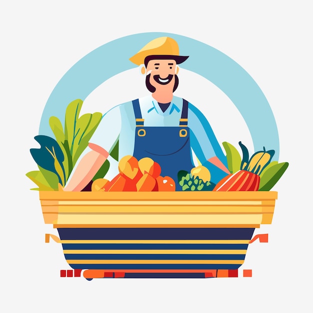 Smiling male farmer or gardener in uniform holds basket of ripe vegetables and fruits Work