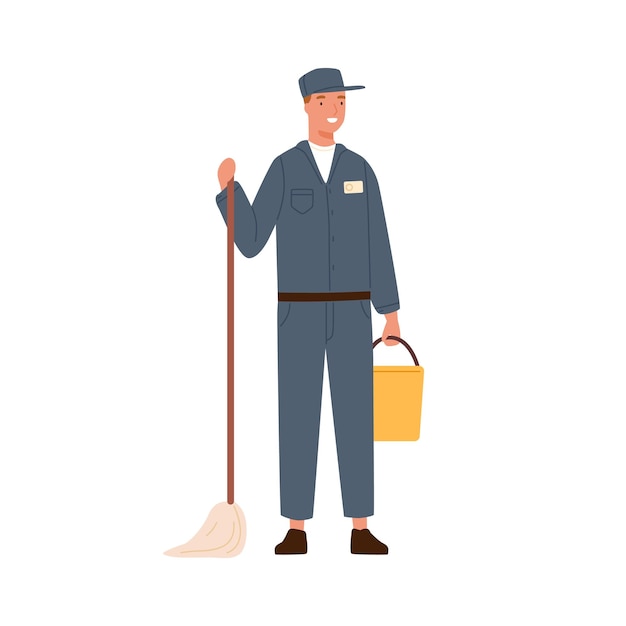 Smiling male in uniform with cleaning equipment vector flat illustration. Joyful guy holding mop and bucket for washing floor isolated on white. Service of professional house or office cleaner.