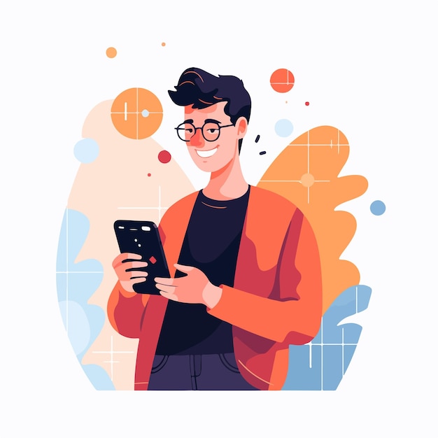 Vector smiling man chatting on mobile app