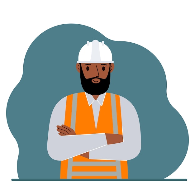 Smiling man construction worker in a white helmet and an orange vest. Vector flat illustration