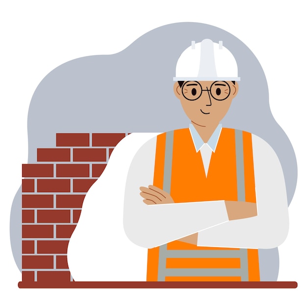 Vector smiling man construction worker in a white helmet and an orange vest. vector flat illustration