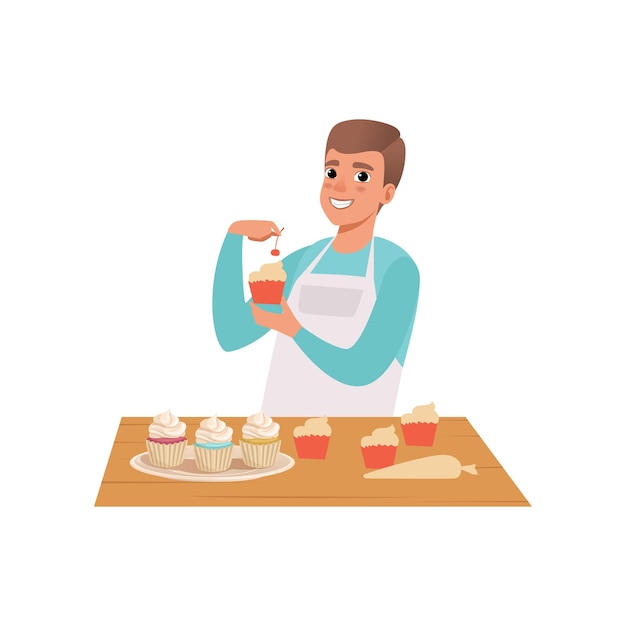 Smiling man cooking cupcakes young man in casual clothing and apron preparing healthy meal in kitchen vector Illustration isolated on a white background