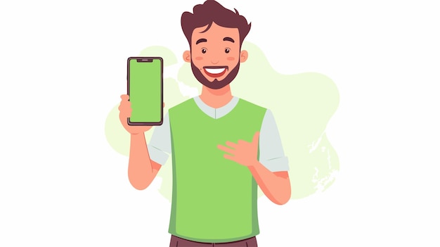 Vector smiling man displaying smartphone modern technology communication concept