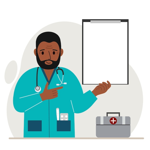 Smiling man doctor holding a file with blank paper for text. Vector