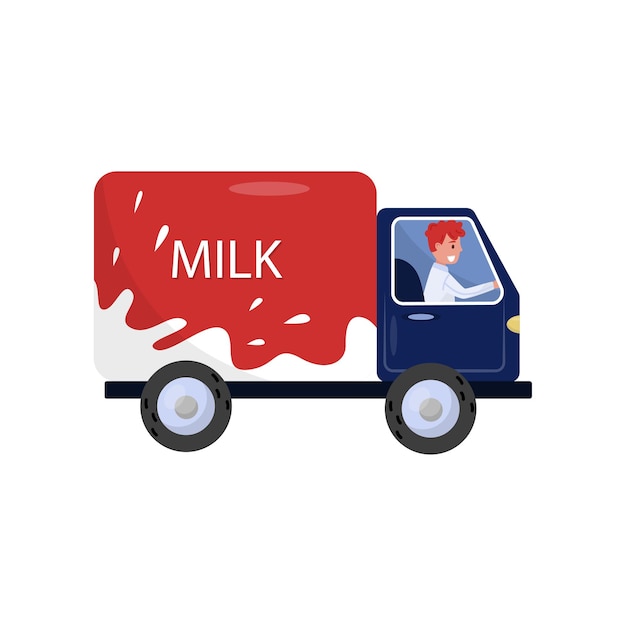 Smiling man driving milk truck Delivery service Transportation of dairy product from factory to store Flat vector design