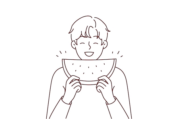 Smiling man eating watermelon