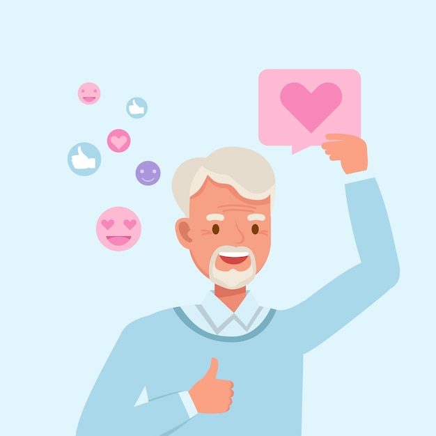 Smiling man hold huge like sign from social network concept people character vector design