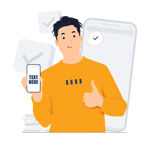 Smiling man holding mobile smart phone standing and showing thumbs up positive gesture Ok sign concept illustration