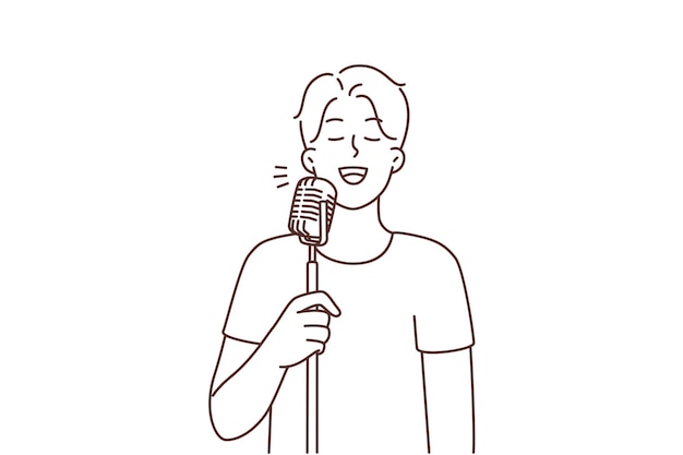 Smiling man sing in microphone