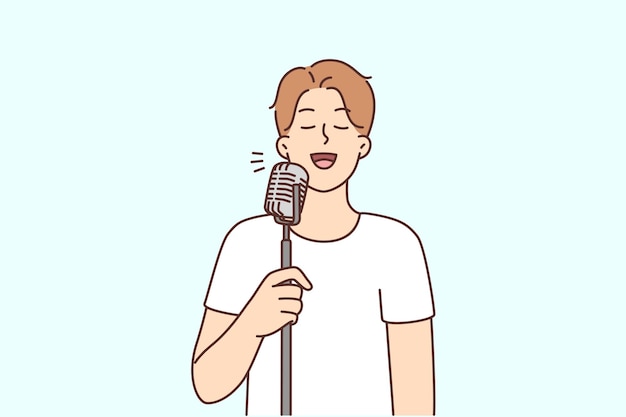 Smiling man sing in microphone