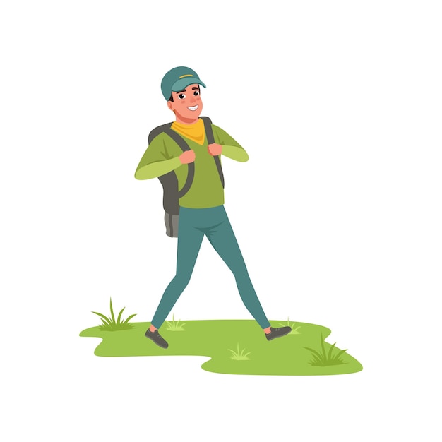 Smiling man walking with backpack, tourist traveling, camping and relaxing, summer vacations vector Illustration isolated on a white background.