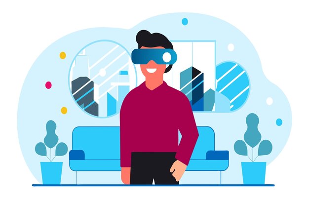 Vector a smiling man wearing vr goggles with graphics floating around