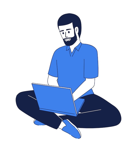 Smiling man with laptop flat color linear vector character