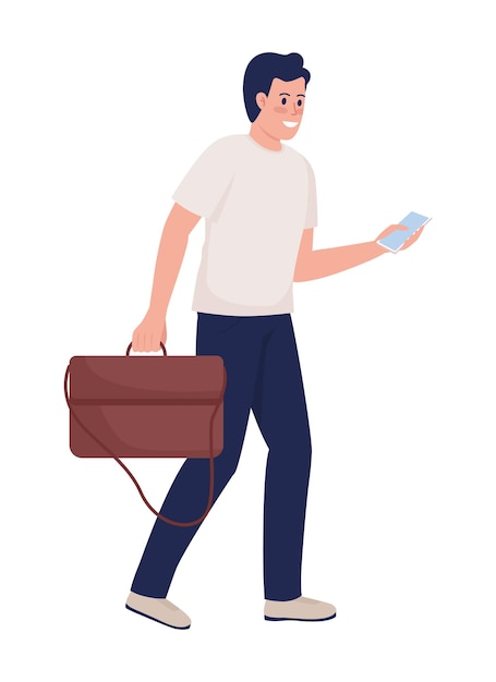 Smiling man with leather handbag and smartphone semi flat color vector character Posing figure Full body person on white Simple cartoon style illustration for web graphic design and animation