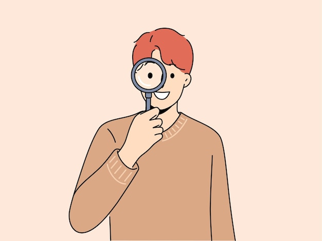 Smiling man with magnifying glass search for information