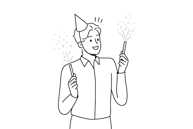 Smiling man with sparklers celebrate