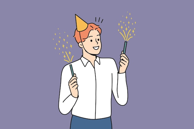 Smiling man with sparklers celebrate