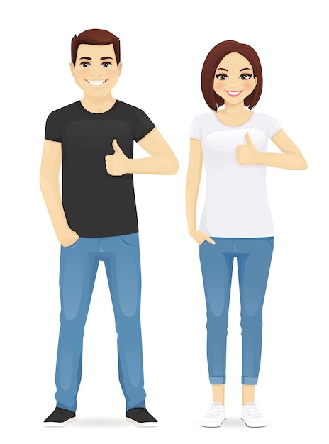 Smiling man and woman showing thumb up gesture vector illustration isolated