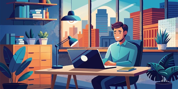 Vector smiling man working on laptop in home office with cityscape view