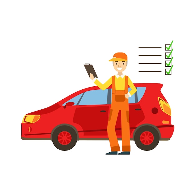 Smiling Mechanic Analysing With Checklist In The Garage Car Repair Workshop Service Illustration