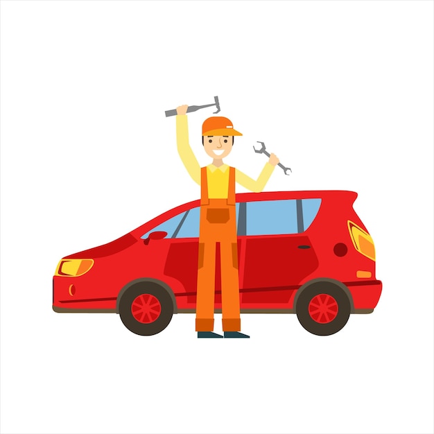 Smiling Mechanic With Wrench And Hammer In The Garage Car Repair Workshop Service Illustration