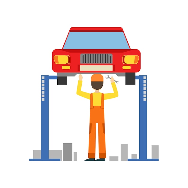 Smiling Mechanic Working Under Lifted Vehicle In The Garage Car Repair Workshop Service Illustration