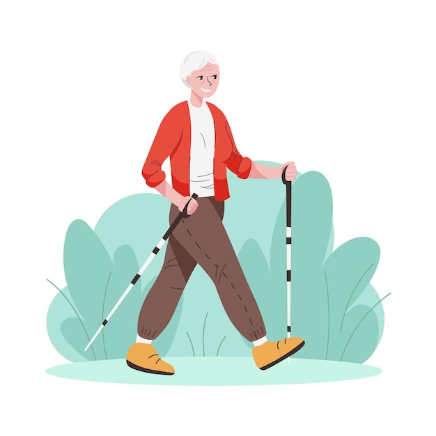 Smiling old woman holds sticks for Nordic walking Vector illustration with flat people on the theme of sports for seniors old people