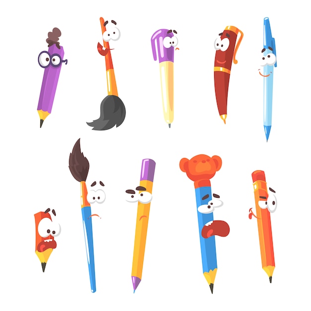 Smiling Pen, Pencils And Brushes, Series Of Animated Stationary Cartoon Characters Isolated