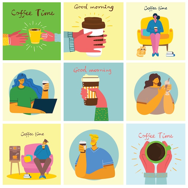 Smiling people friend drinking coffee and talking. Coffee time, break and relaxation concept cards. illustration in flat design style