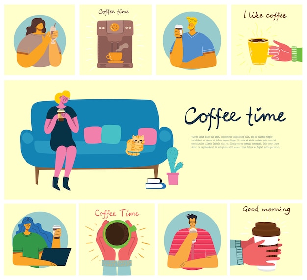 Smiling people friend drinking coffee and talking. Coffee time, break and relaxation vector concept cards