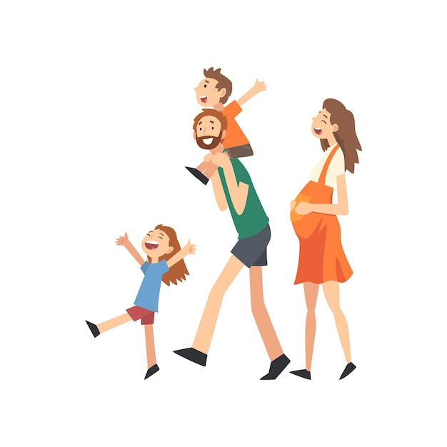 Smiling Pregnant Mother Father and Kids Happy Family with Children Walking Cartoon Vector Illustration on White Background