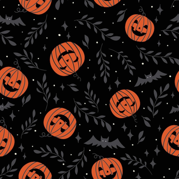 Smiling pumpkins and bats on black background Seamless pattern for Halloween