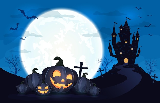 Smiling Pumpkins and Dark Scary Castle on Blue Halloween Background