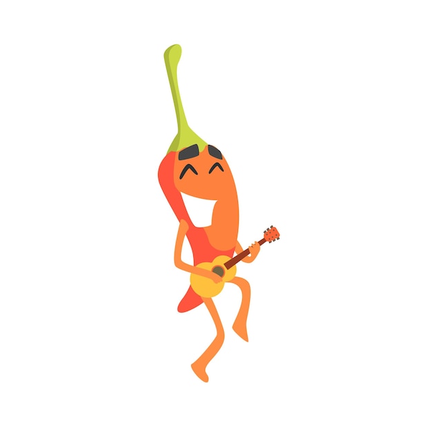 Smiling Red Hot Chili Pepper Humanized Emotional Flat Cartoon Character Playing Smal Ukulele Guitar