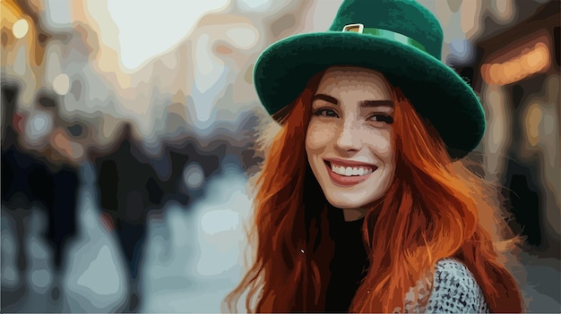 Vector smiling redhead woman in st patricks hat celebrating joyful and cheerful female portrait