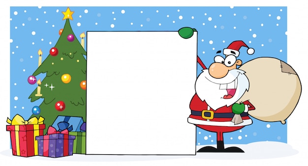 Smiling Santa Claus Presenting A Blank Sign And Christmas Tree