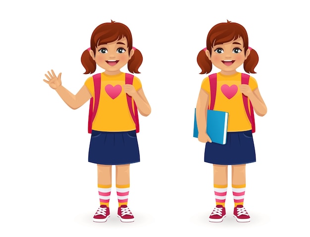 Smiling school girl with book and backpack waving hand isolated vector illustration