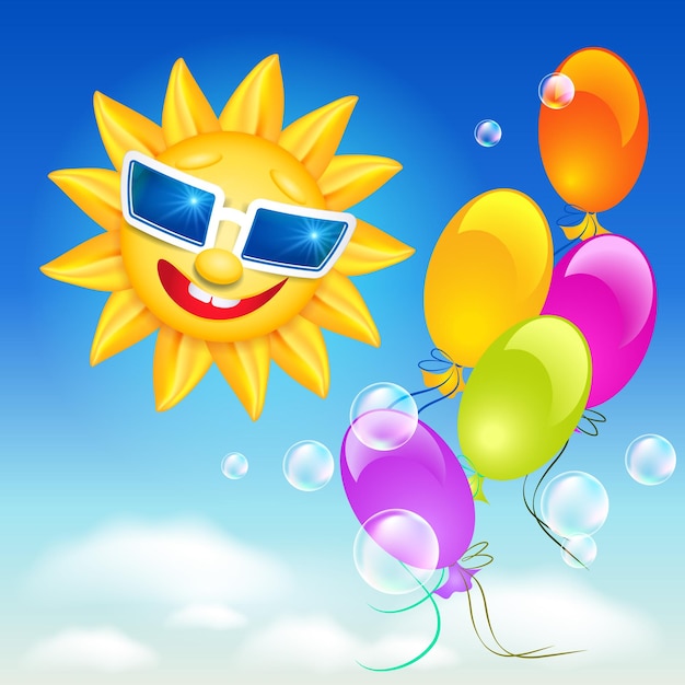 Smiling shines sun in glasses on blue sky background and balloons