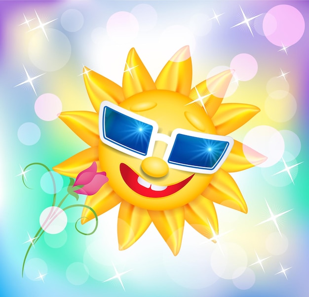 Smiling shines sun in glasses with flower on blur varicoloured background