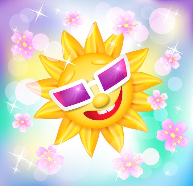 Smiling shines sun in glasses with flowers on blur varicoloured background