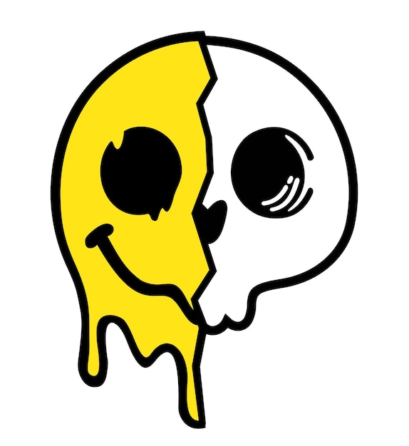 Smiling skull skeleton smiley face Half skull emoticons emojis Retro distorted melting smiley