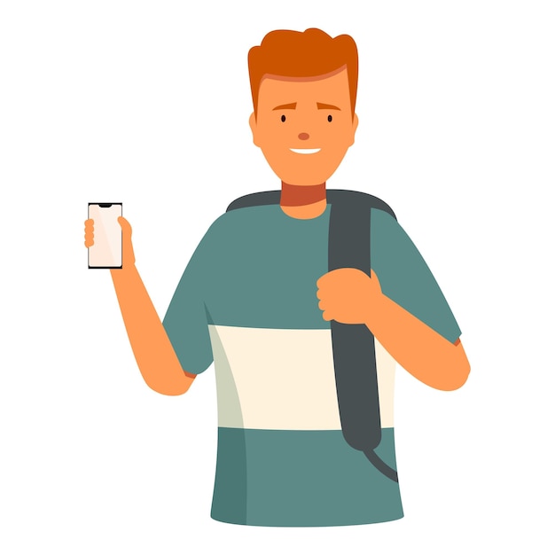 Vector smiling student showing smartphone screen wearing backpack