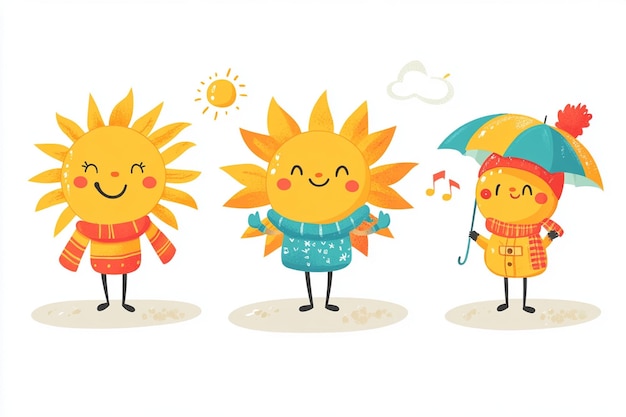 Vector smiling sun characters in various seasons