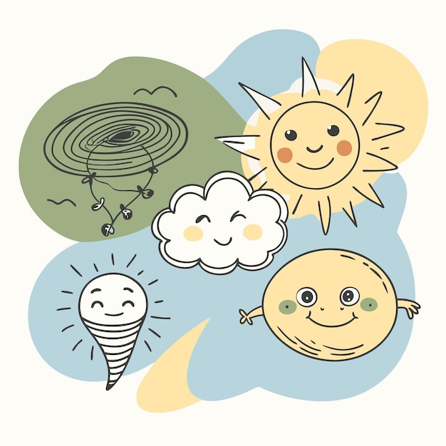 Smiling Sun Moon Cloud and Tornado Whimsical Illustration