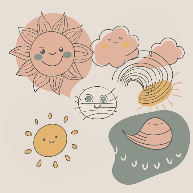 Smiling Sun Rainbow and Cloud Whimsical Illustration