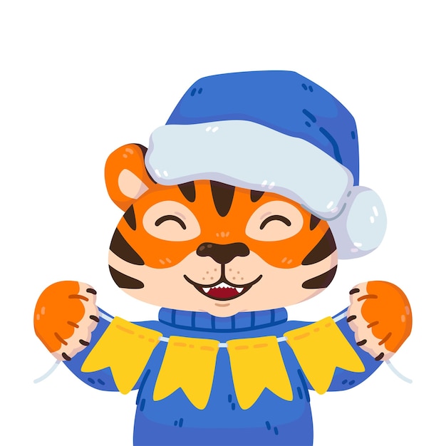 Smiling tiger with santa hat warm sweater and festive garland flags Symbol of the new year 2022