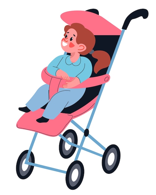 Smiling toddler girl sitting in perambulator looking outside exploring surrounding. Kiddo in pram, cheerful child with safety belt and handle. Happy parenthood and childhood. Vector in flat style