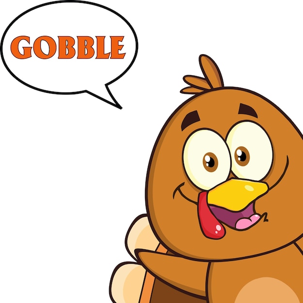 Smiling Turkey Bird Cartoon Character Looking From A Corner With Speech Bubble And Text